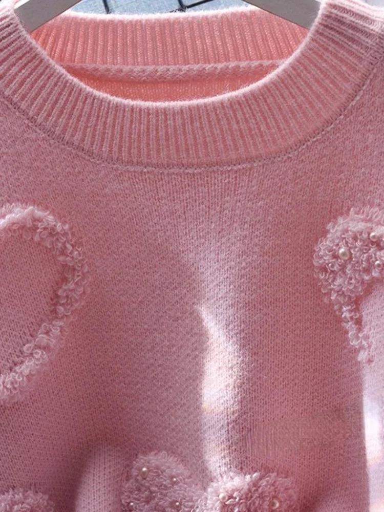 Lazy Style Pullovers Long Sleeve Solid Color Heart Flocking Autumn Winter Sweaters Loose All Match Women Clothing 250117