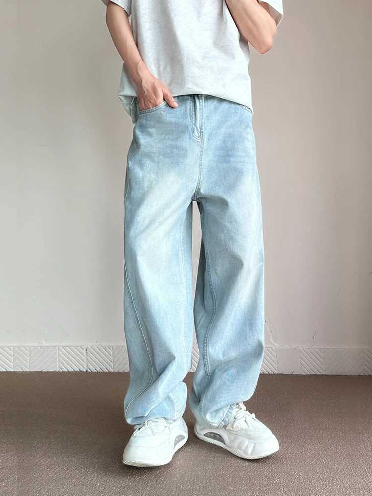 Mens Baggy Wide Legs Jeans Korean Fashion Streetwear Light Blue Patchwork Trend Y2K Loose Pants Washed Male Trousers W250118