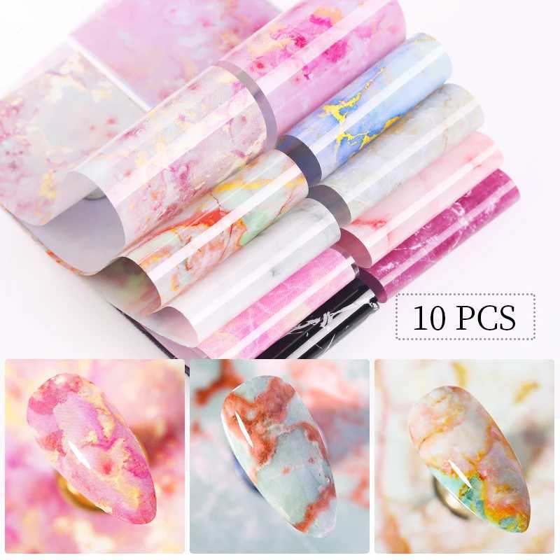10Pcs/Bag Marble Nail Art Transfer Foil Sticker Flower French Tip Wraps Adhesive Decals Nails Decoration Manicures AccessoriesXJ250120