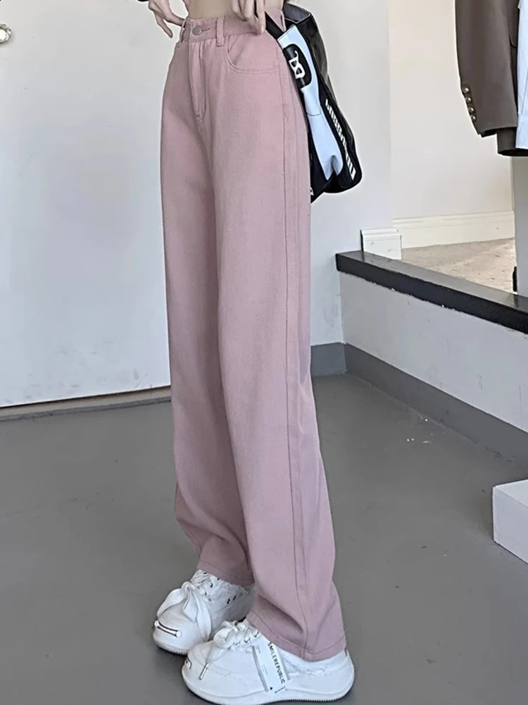 Girls High Waist Wide Leg Jeans Lady Street Denim Straight Pants Female Retro Blue Light Black Gray Pink Trousers 250122
