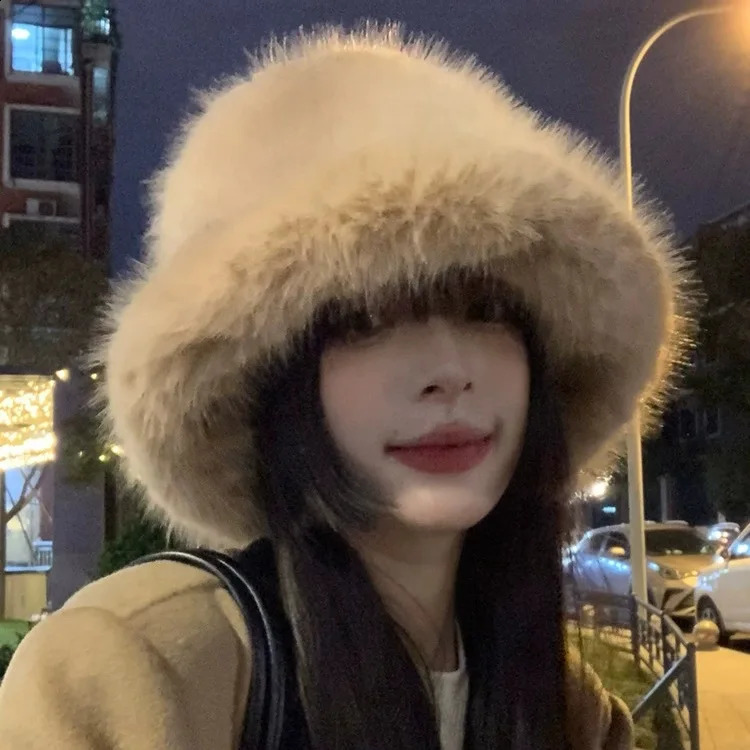 y2k fluffy faux fur bucket hat for women rabbit fur warm and thick plush winter hat for women and fashionable party Panama fisherman hat 250109