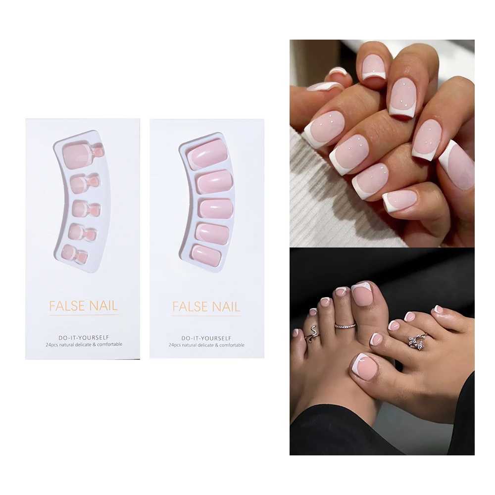 2box (48pcs) short false nails white French square nails a set of hands and feetsimple designall cover press-on nails reusableW250120