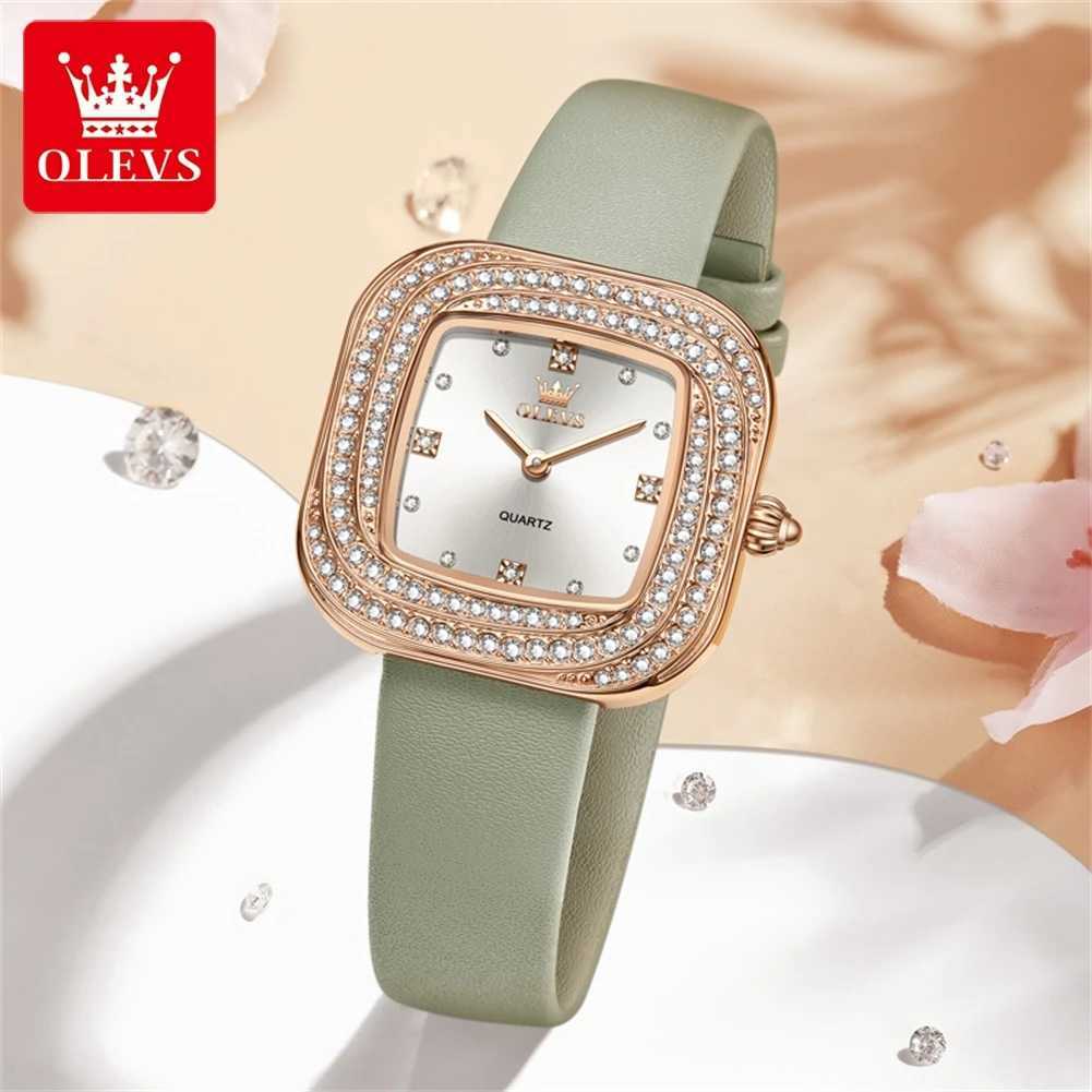 OLEVS Top Brand Fashion Wens Watches Waterproof Leather Strap Quartz Wristwatch Diamond Square Dial Ladies Watch X250203