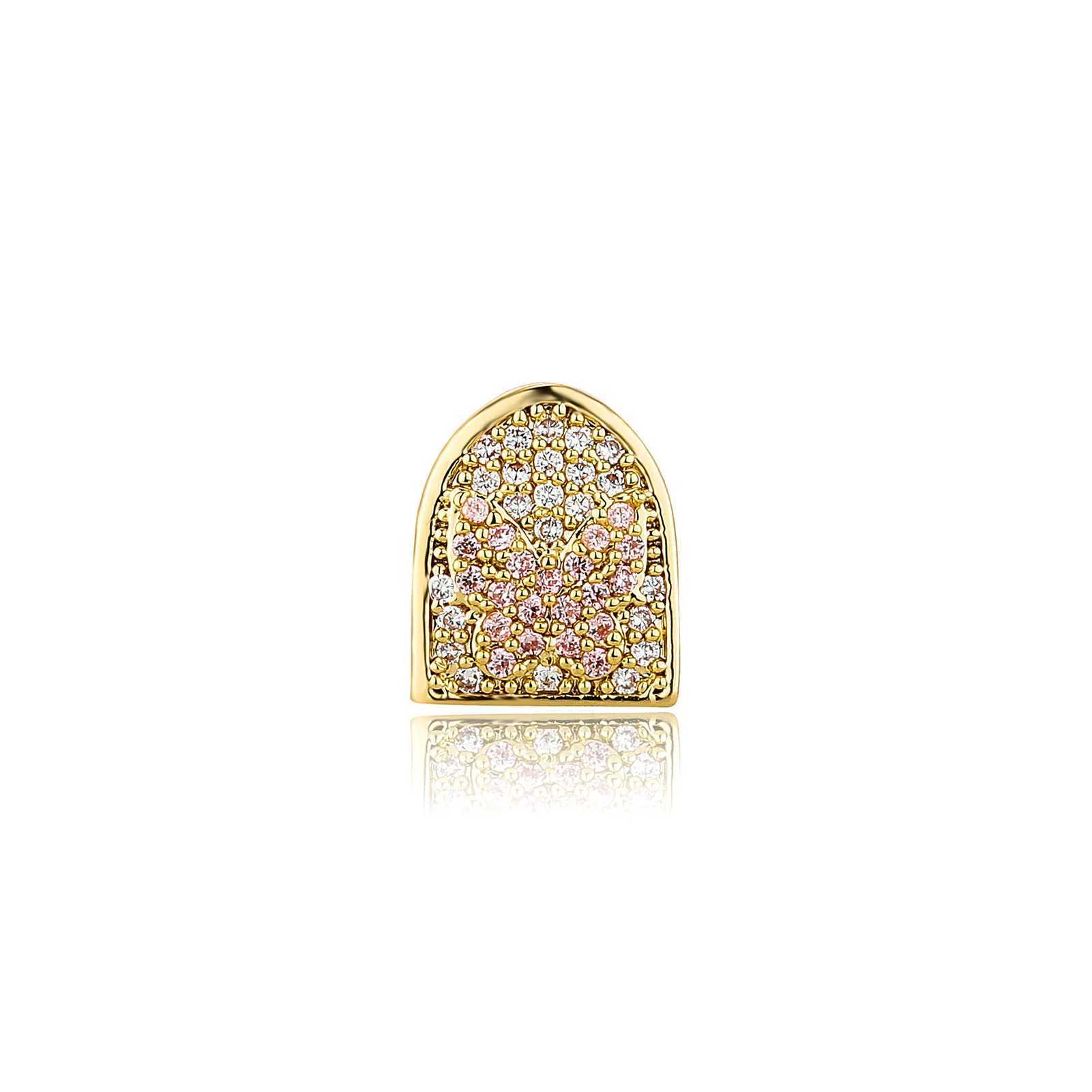 RACHELZ Hip Hop Pink Butterfly Pattern Zircon Single Teeth Grill 14K Gold Plated CZ Stone Tooth Caps Dental Grills For Women MenXJ250114