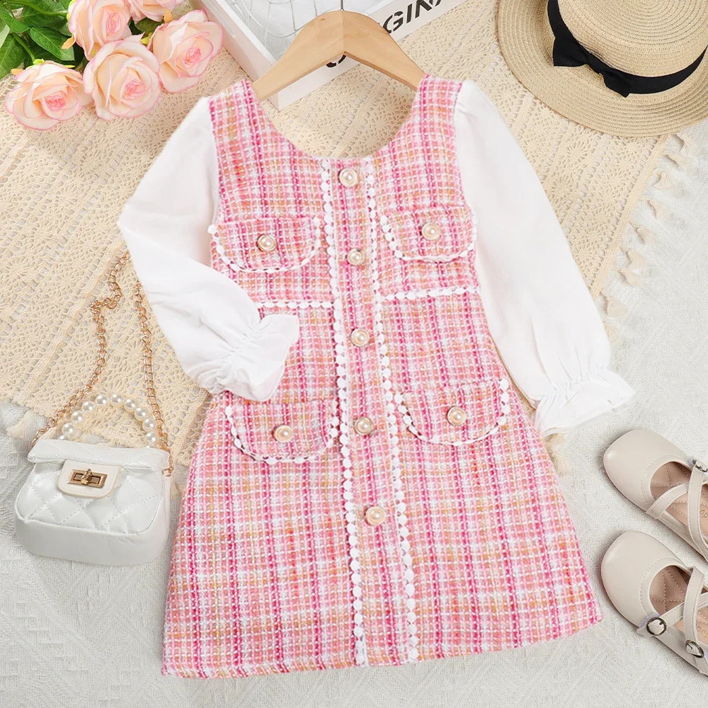 Menoea Girls Dress Autumn Round Neck Plaid Lace Button Long Sleeve Fashion Patchwork 250117