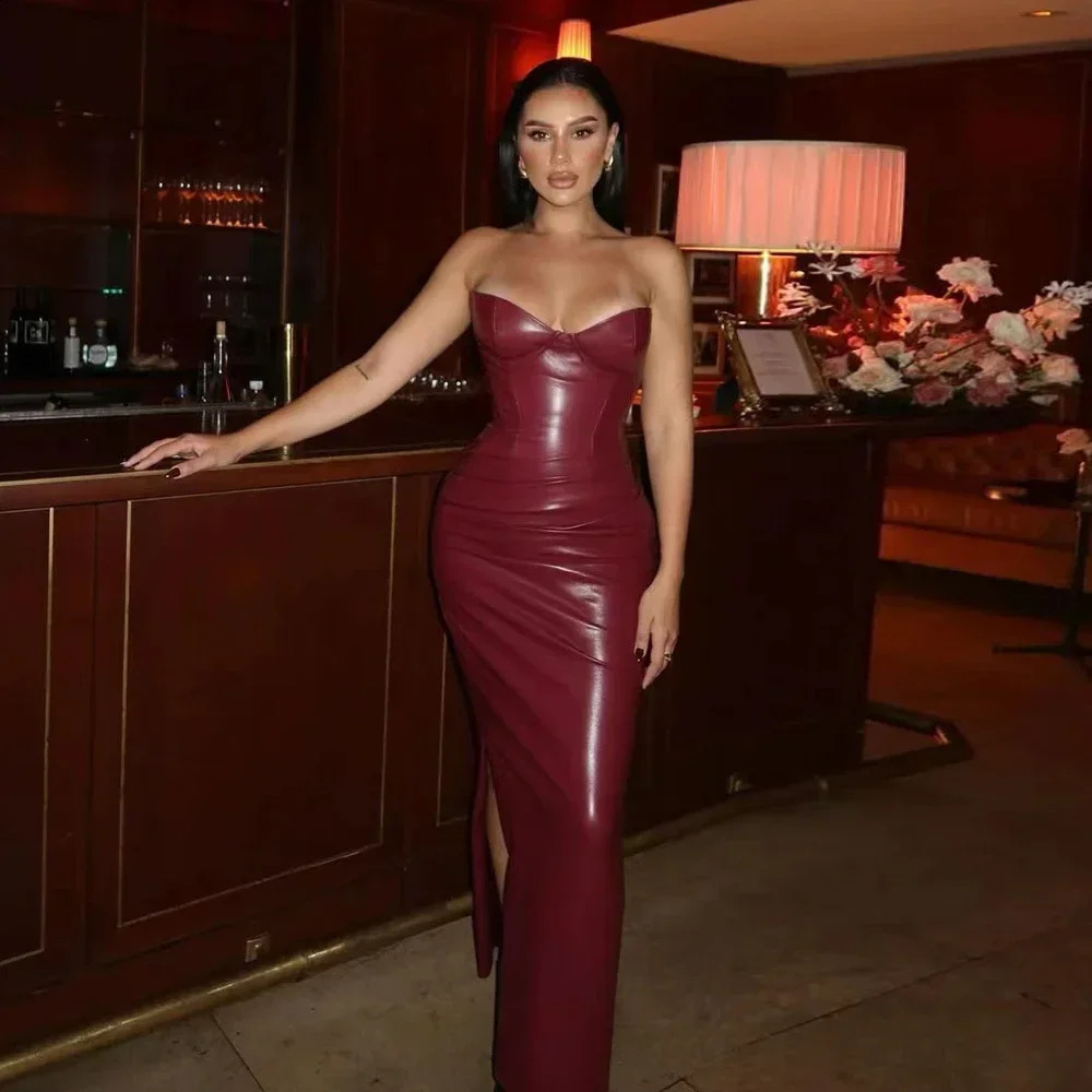 Suninheart Autumn Strapless Party Dresses Arrivals Wine PU Corset Dress Sexy Midi Bodycon Night Event Dress Women 250122