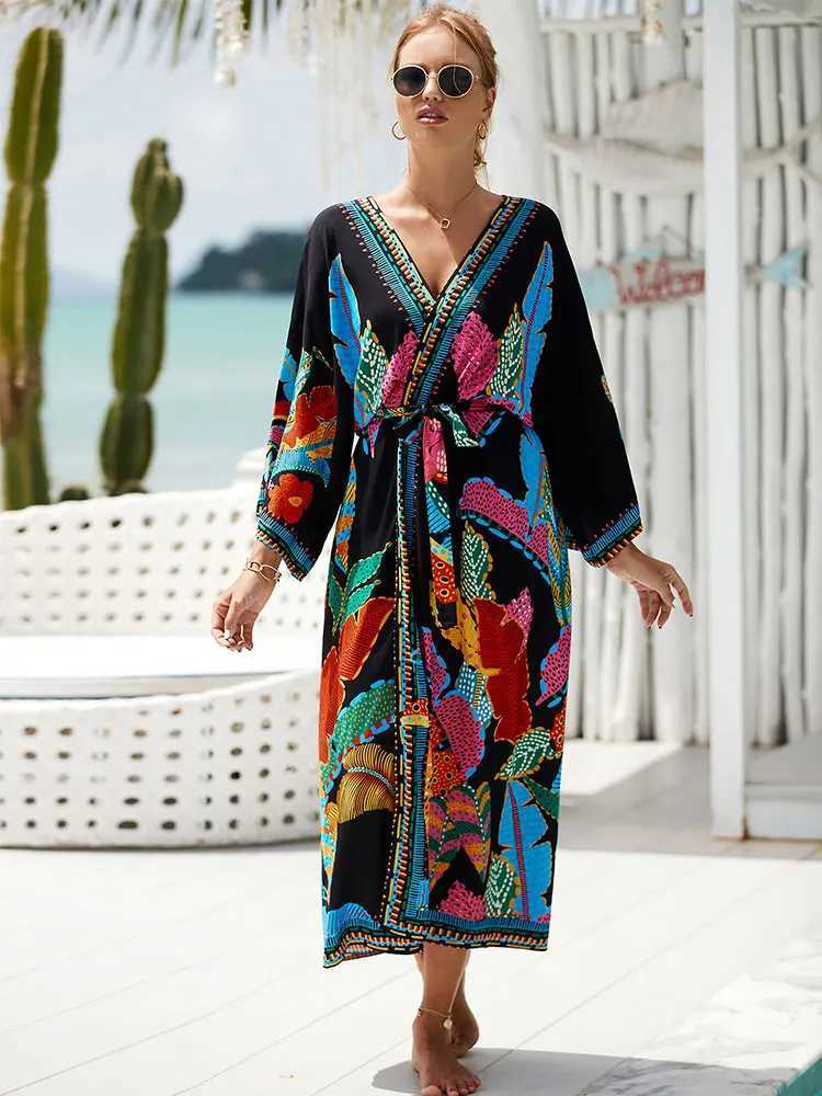 Bohemian Printed Belt Kimono Plus Size Batwing Sleeve Dr Summer Autumn 2023 Women Loose Beachwear Swimsuit Cover Up Shirt Q1 W250120