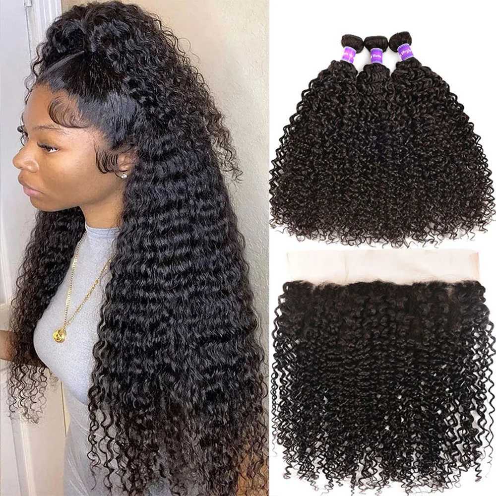 Kinky Curly Bundles with Frontal Brazilian Hair 3/4 Bundles 13x4 Lace Kinky Curly Virgin Hair with Baby Hair for Black WomenXJ250120