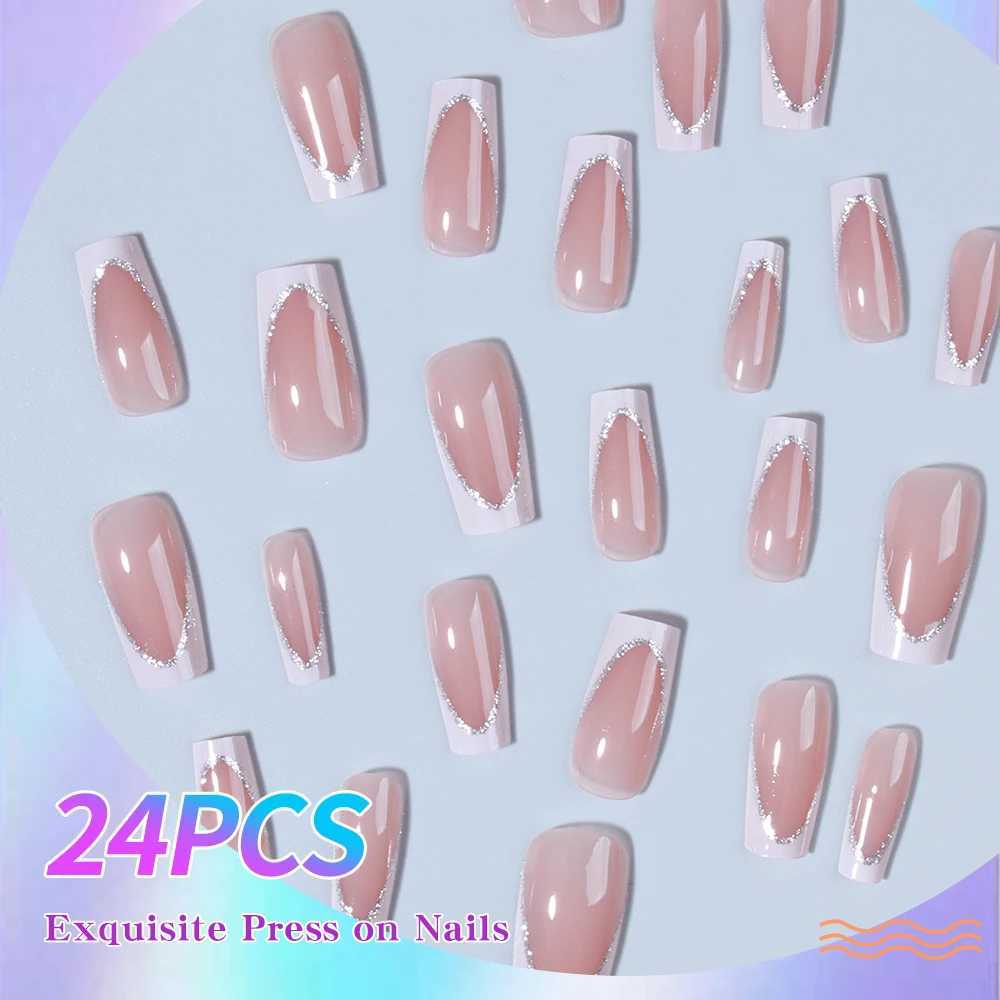 Medium length square nail - Solid color flash white French simple press nail Detachable fake nail acrylic nail24pcs/W250120