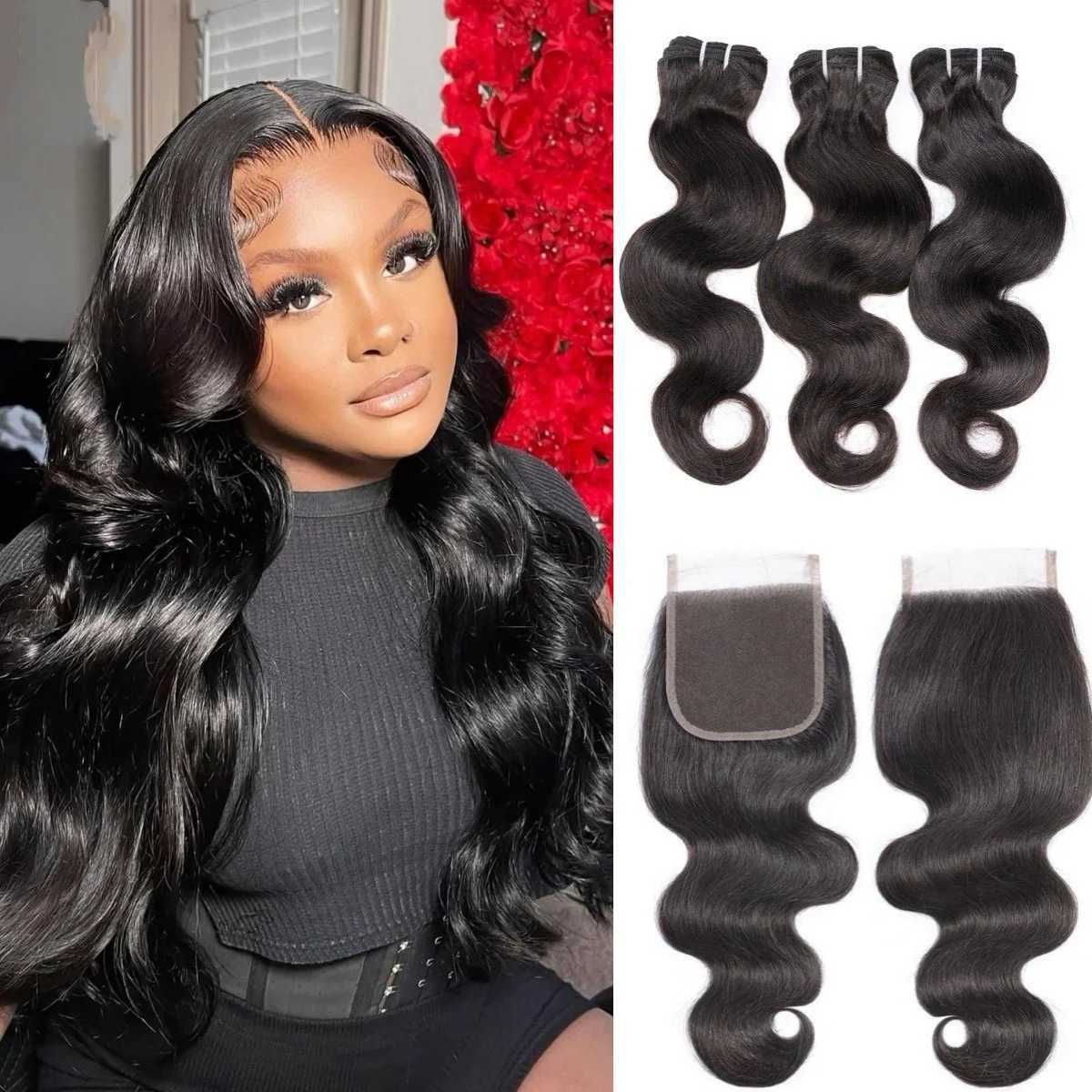Body Wave Bundles with Clo 3PCS Bundles with 4x4 Lace Clo Natural Color Human Hair Extension for WomenXJ250120