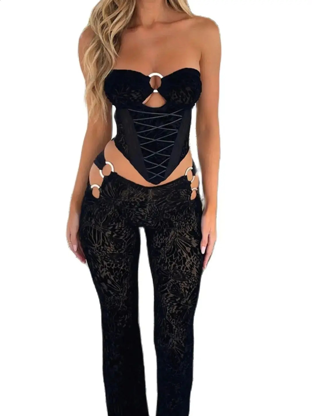 2 Piece Sets Women Pant Sets Tie-up Hollow Out Sleeveless Corset Top Cutout Skinny Pants Outfits Retro Sexy Clubwear 250122