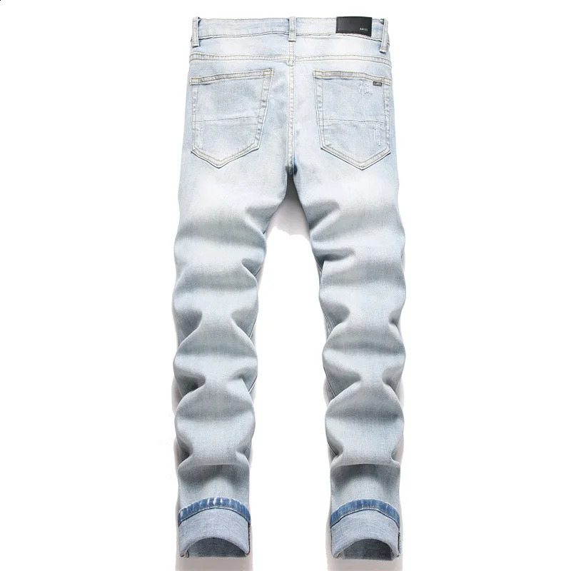2025 Year Foreign Trade Style Youth Blue with Holes Patch Elastic High Street Mid Waist Feet Mens Jeans3848 250120