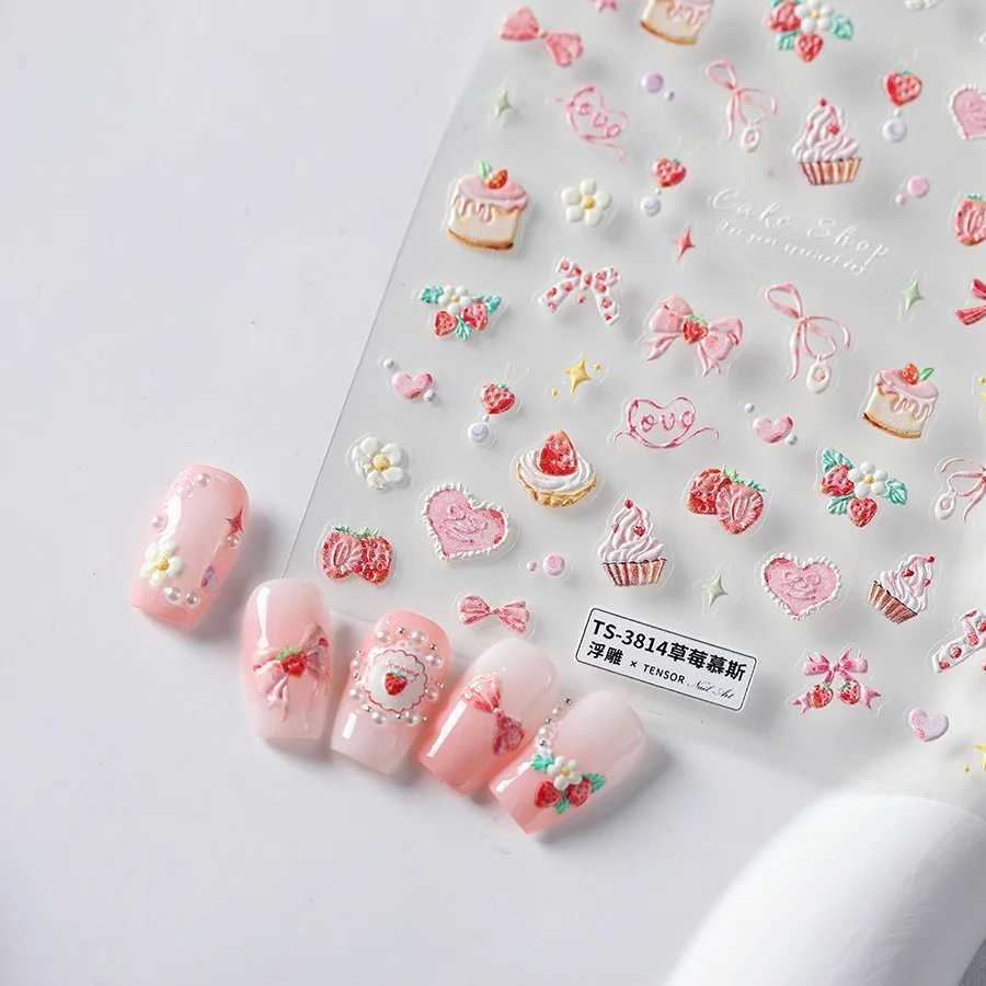 Bowknot 5D Embossed Reliefs Self Adhesive Nail Art Stickers Cute Manicure Decals Lovely Strawberry Muffin Cream Cake Ice CreamXJ250120