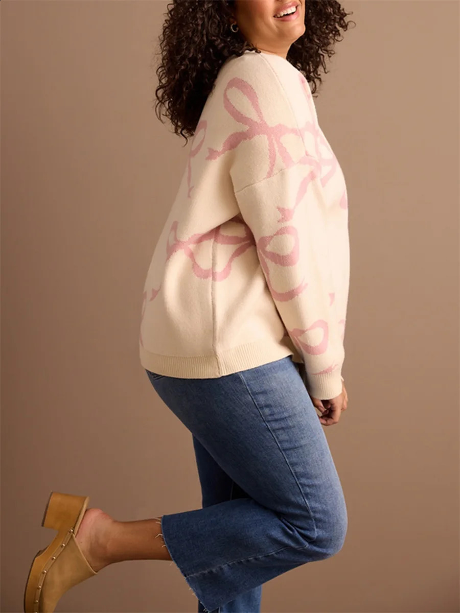 Sweet Cute Bow Sweater Fuzzy Long Sleeve Round Neck Pullover Sweater Tops Winter Fall Oversized Outerwear Y2K Vintage Jumper 250121