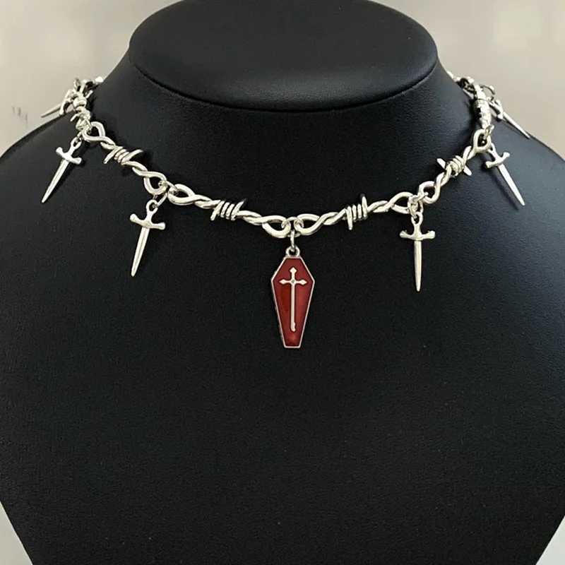 Goth Dropping Oil Bloody Coffin Pendant Choker Necklace Punk Hip Hop Jewelry Y2K Vampire Little Thorns Chain Choker GiftXJ250121