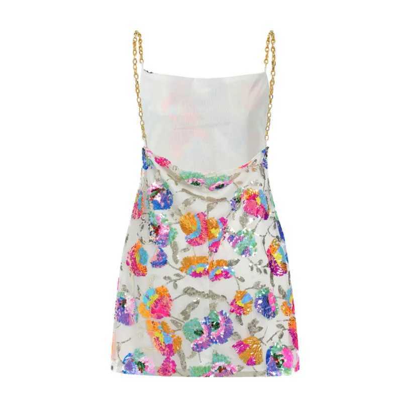 Womens Casual Chain Suspender Dress Fashion Sequined V-neck Backless A-line Short DressXJ250115