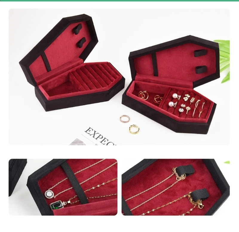 Velvets Jewelry Storage Box Coffin Shape Ring Necklace Earring Box Display Cases Desktop Decoration Jewelry Organizer 250117