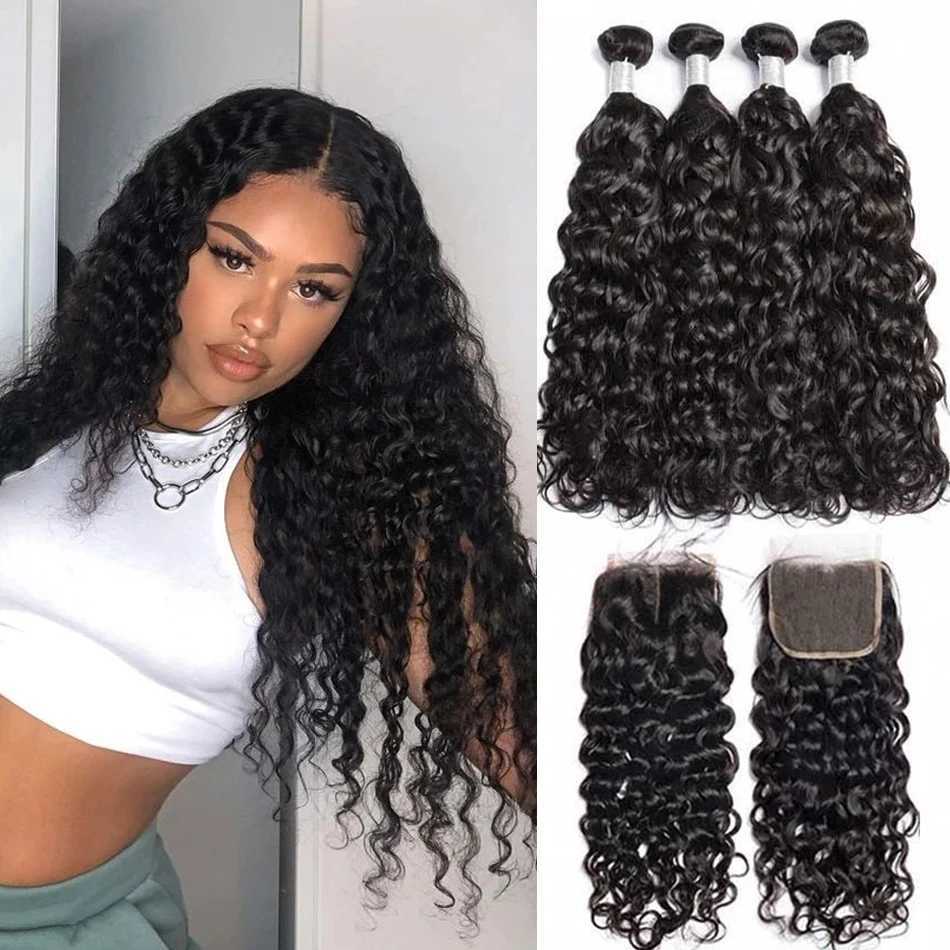 12A Water Wave Bundles With Clo Frontal Peruvian Deep Curl Wet and Wavy Bundles With Clo 100% Remy Human Hair WeaveXJ250120