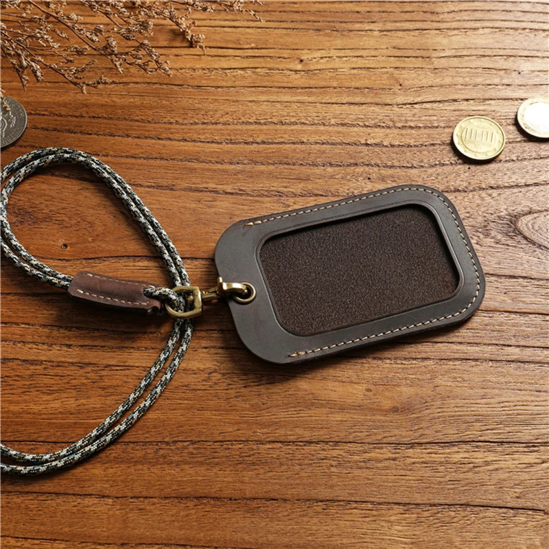 Genuine Leather Badge Holder For Men Women Vintage Handmade Original Cowhide ID Employee Work Bus Card Case Cover With Lanyard 250120