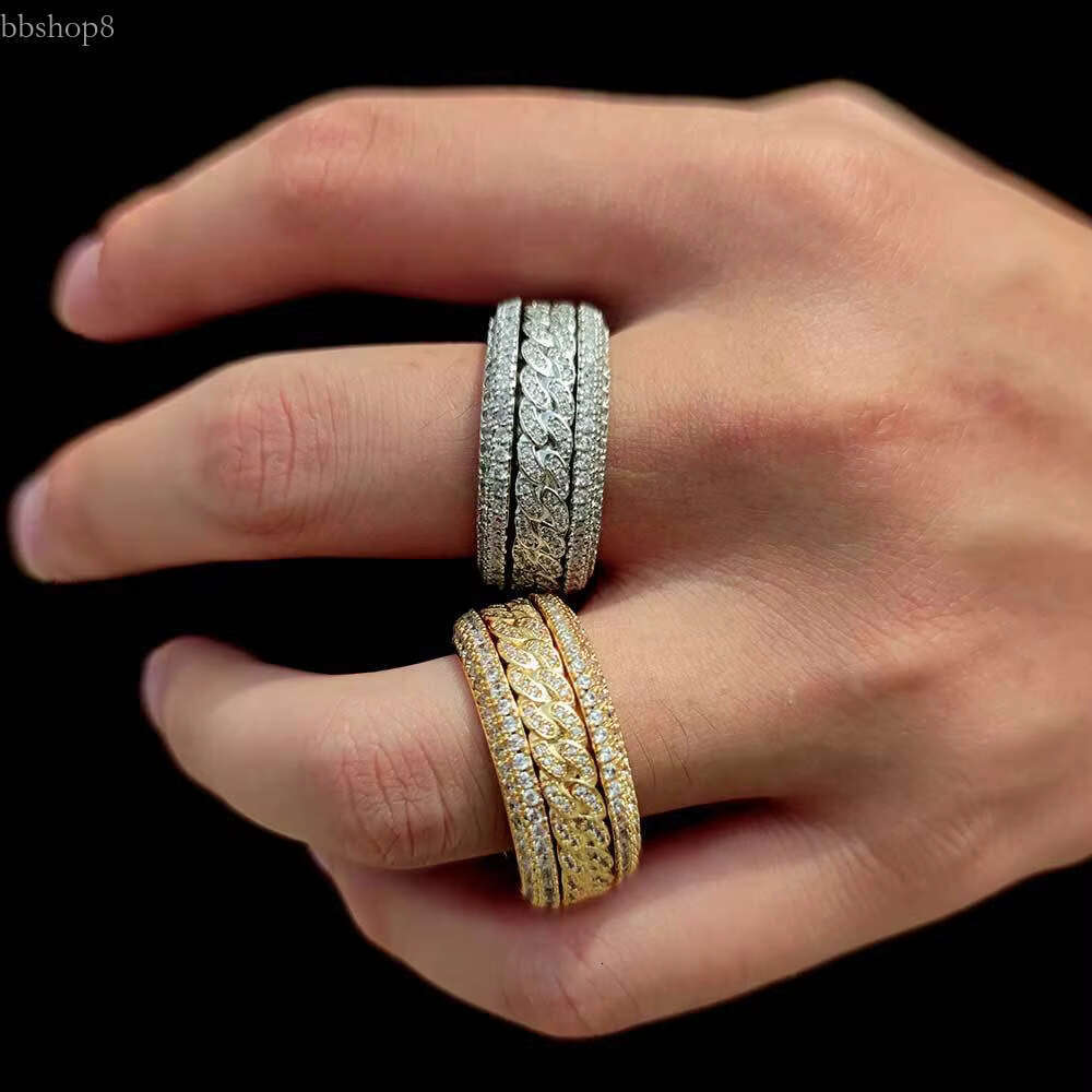 Gold Plated 12mm Men's Rings 5A Brass with Pave Setting Cubic Zirconia & Moissanite Fully Rotatable Cuban Chains Shape