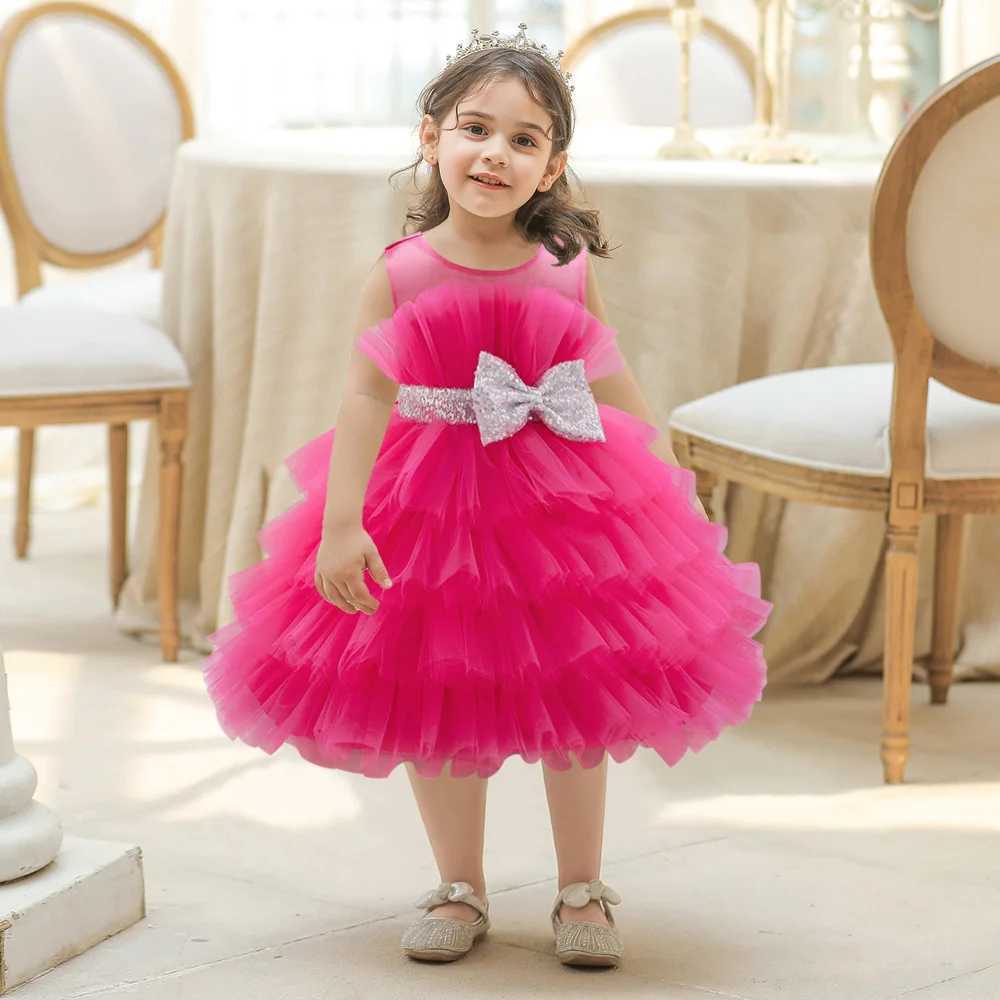 Sequin Bow Baby Girls Dress Puffy Tulle Toddler White Baptism Party Dresses For Girl Elegant Kids Birthday Princess Ball Gown X250203