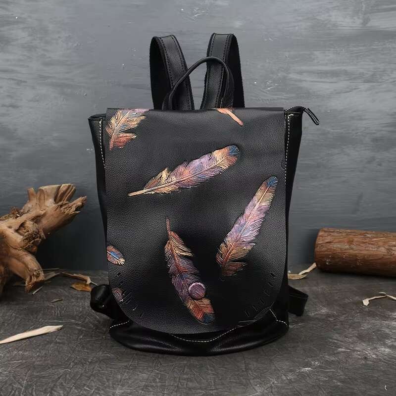 Retro Genuine Leather Bag For Women Vintage Emed Cowhide Backpacks Leisure Feather Backpack Ladies