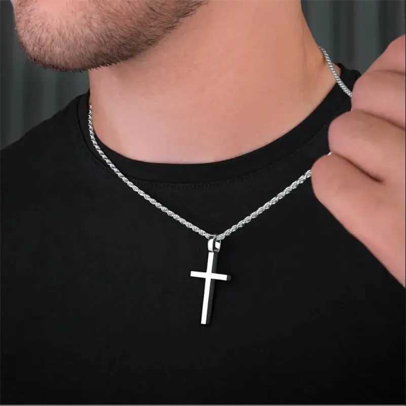 Cross Pendant Necklace for Men Boys Golden Plated Silver Color Simple Twisted Chain Fashionable Jewelry Beach Party GiftXJ250121