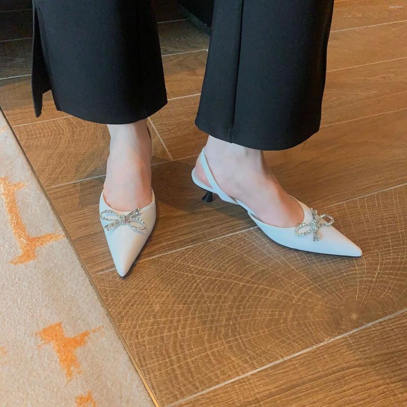 2025 S Fashion Designer Sandals Elastic Back Strap Women High Heel Shoes Ladies Elegant Office Pumps Summer Crystal Slippers Bow Loafers