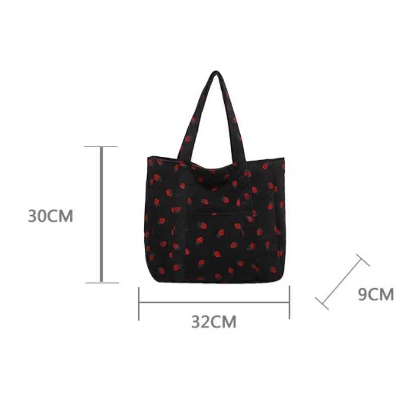Corduroy Handbag Strberries Beach Bag Fiable Versatile Shoulder Bag LargeCapacity Simple Commuter Womens Tote Bag BolsosXJ250121