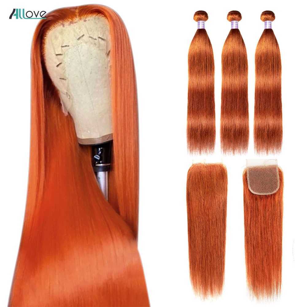 Allove Ginger Bundles With Clo Brazilian Straight Human Hair Bundles Orange Colored 3 Bundles Human Hair With 4x4 CloXJ250120