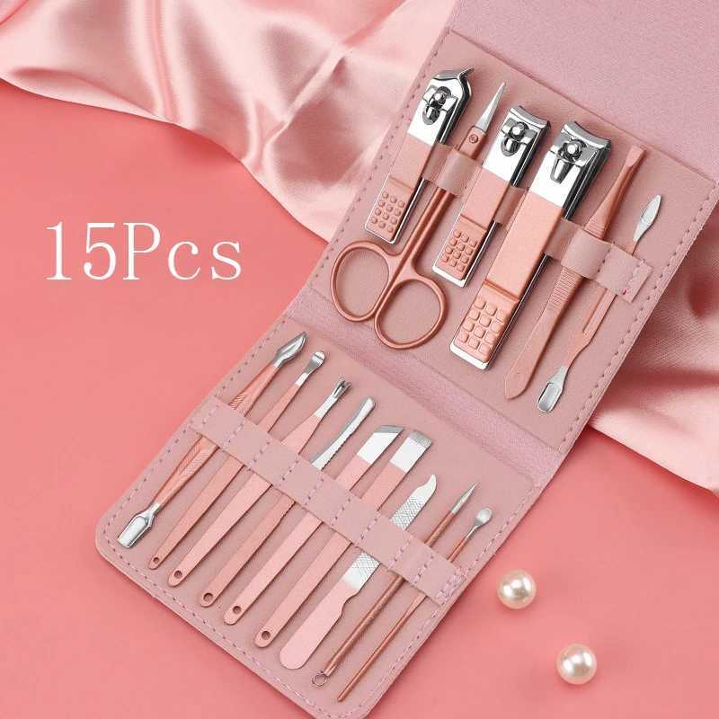 15Pcs Portable Manicure Set Professional Nail Foot Care Pedicure Nail Clippers Pedicure Knife Grooming Kit with Pink Folding BagXJ250121