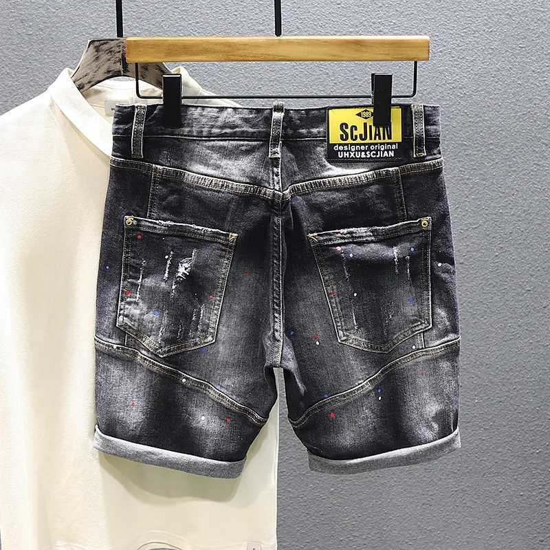 Tie-dye Fashion Paint Spots Denim Shorts Mens Summer New Ripped Retro Dilapidated Male Streetwear Short Jeans X250203