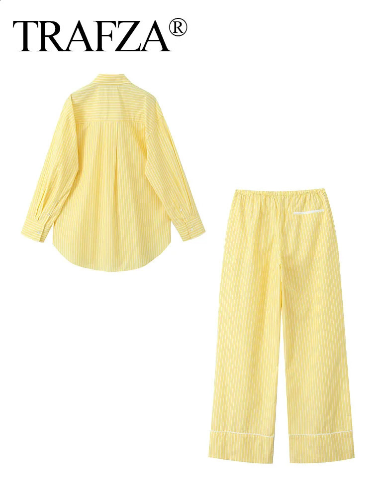 TRAFZA Women Casual Pants Set Yellow Striped High Waist Loose Pant Large Shirt Elegant Style Holiday Street Trends 250122