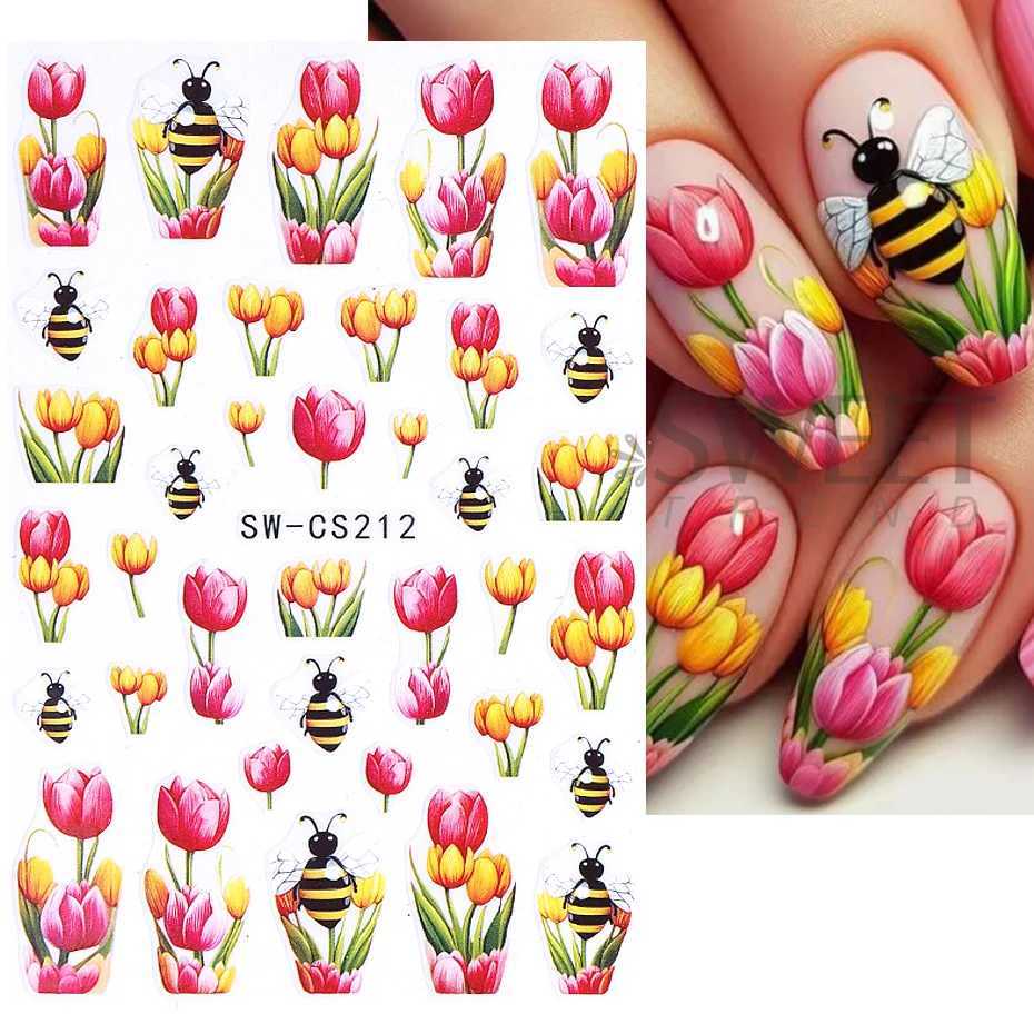 3D Flower Nail Art Stickers Insect Ladybug Bee Butterfly Rose Lavender Tulip Petals Leaves DIY Spring Summer Manicure DecorationXJ250120