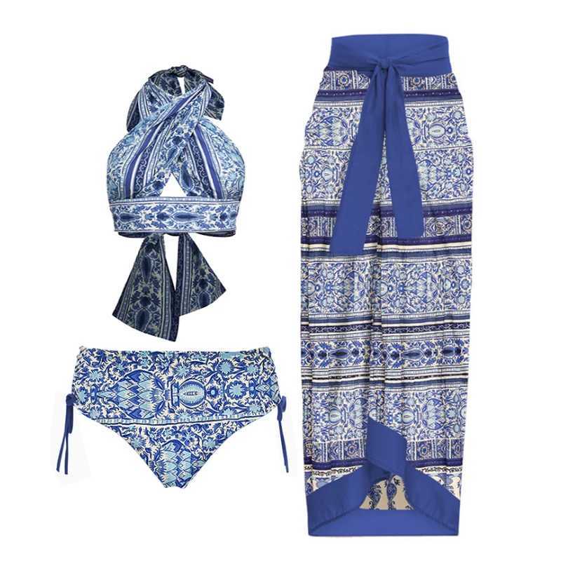 Blue and White Porcelain Tummy Control Underwire Swimsuit Push Up Women Swimwear Bathing Suit With Beach Skirt Cover Ups W250120