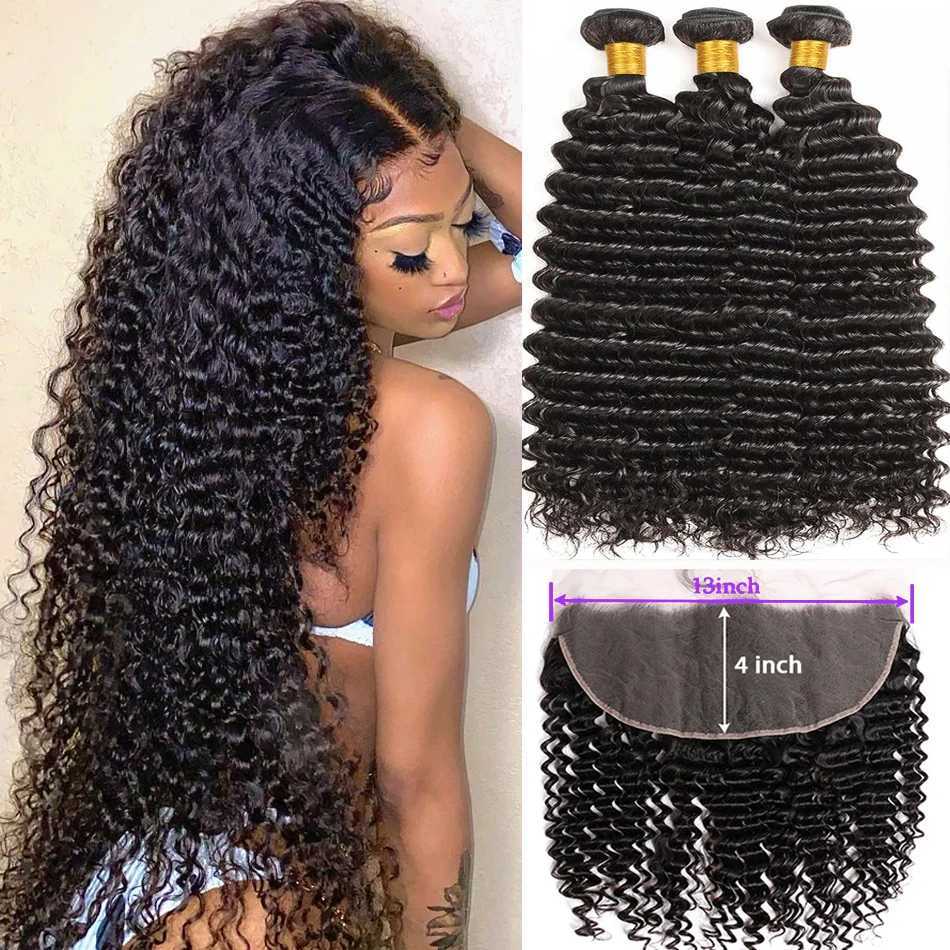 100% Human Hair Bundles with Clo Frontal Brazilian Deep Wave Hair Extensions and 13x4 Lace Frontal Curly Human Hair WeavingXJ250120