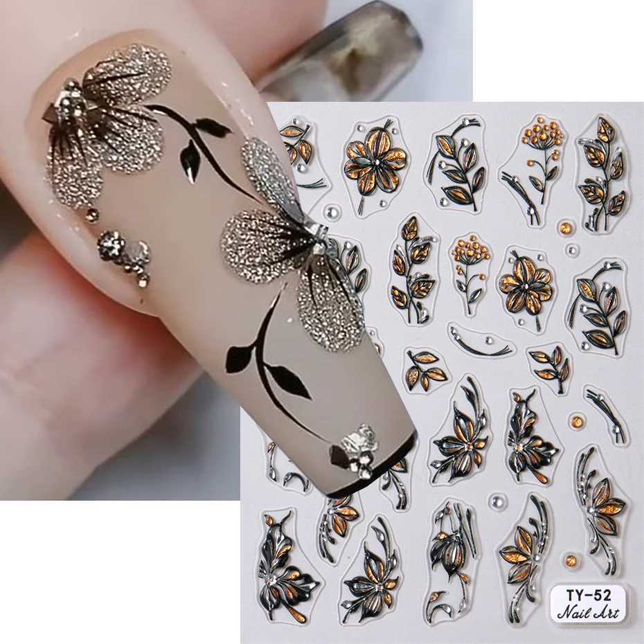 5D Black Gold Flowers Nail Art Stickers Shiny Glitter Petals Autumn Leaves Nail Decals Watercolor Floral Adhesive Manicure DecorXJ250120