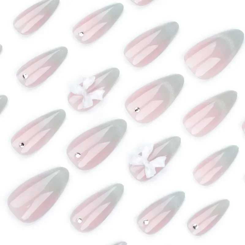 24pcs Sweet Cats Eye Almond French Press-On Nails with 3D Bow and Rhinestone Embellishments Full Coverage Fake Nails for WomenW250120
