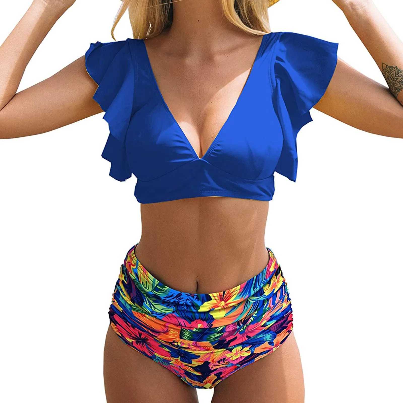 Women Sexy Bikini Set Print Pleated Push-Up Padded Up Soft Bag Split Swimsuit 2024 XJ250120