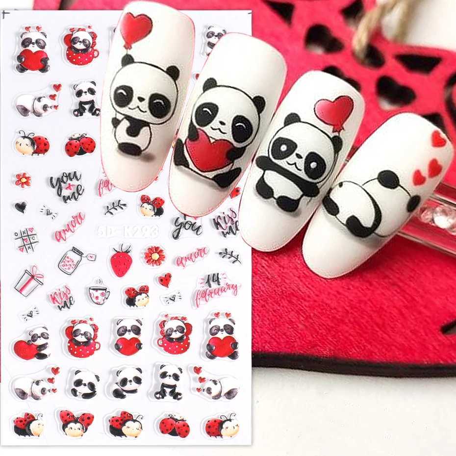 Cute Valentine Nail Stickers 5D Embossed Cartoon Panda Ladybug Doll Red Heart Letter I Love You Engraved Slider Nail Art DecorXJ250120