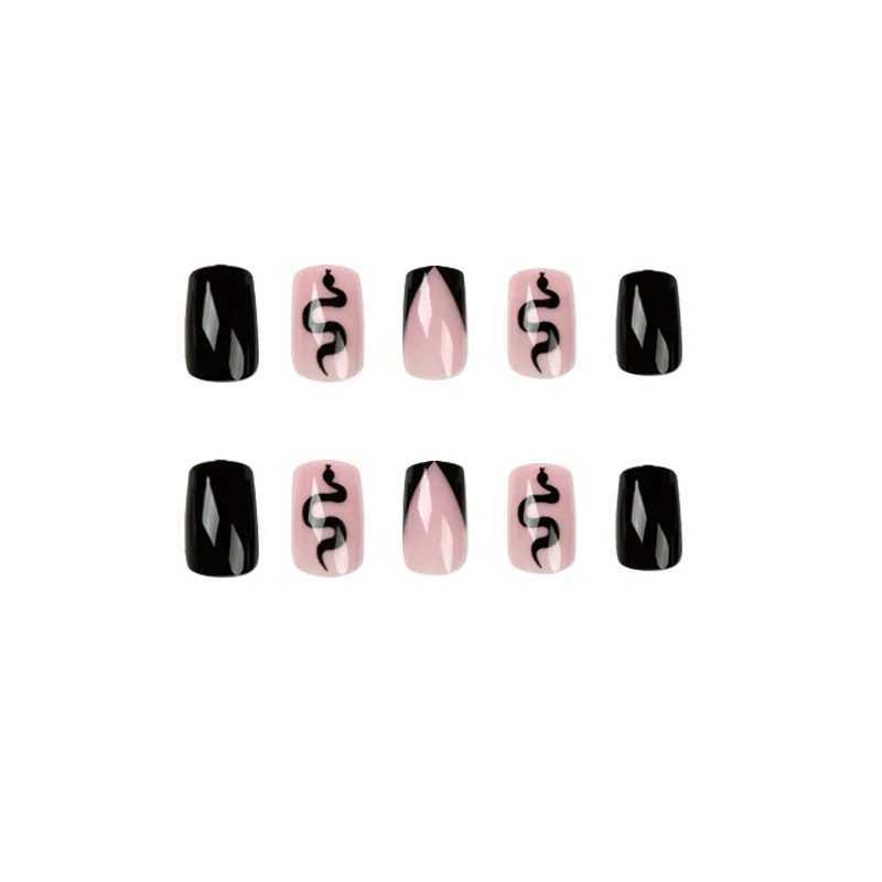 24pcs/set Black Reusable Adhesive Fake Nails Beveled French Snake Pattern Wearing Art False Nails Finished Fashion Press on NailW250120
