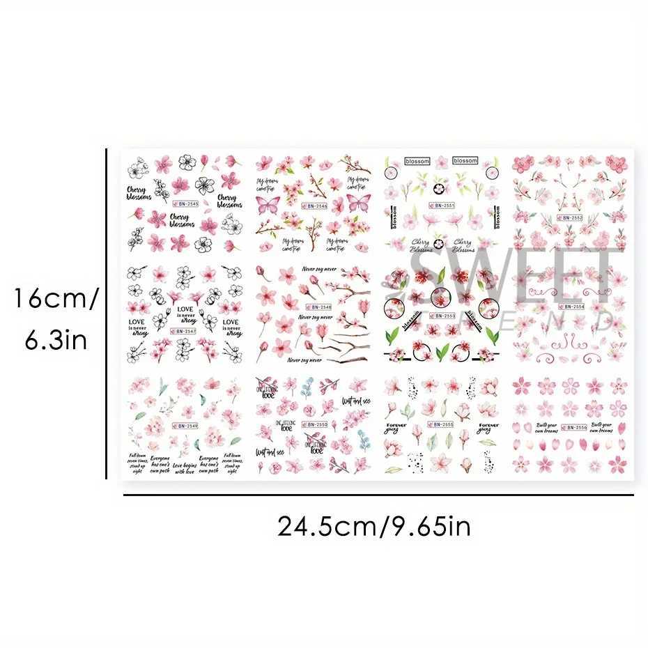 12pcs Pink Cherry Blossom Water Nail Sliders Winter New Year Sakura Floral Leaves Stickers DIY Charm Accessories Manicure DecorXJ250120
