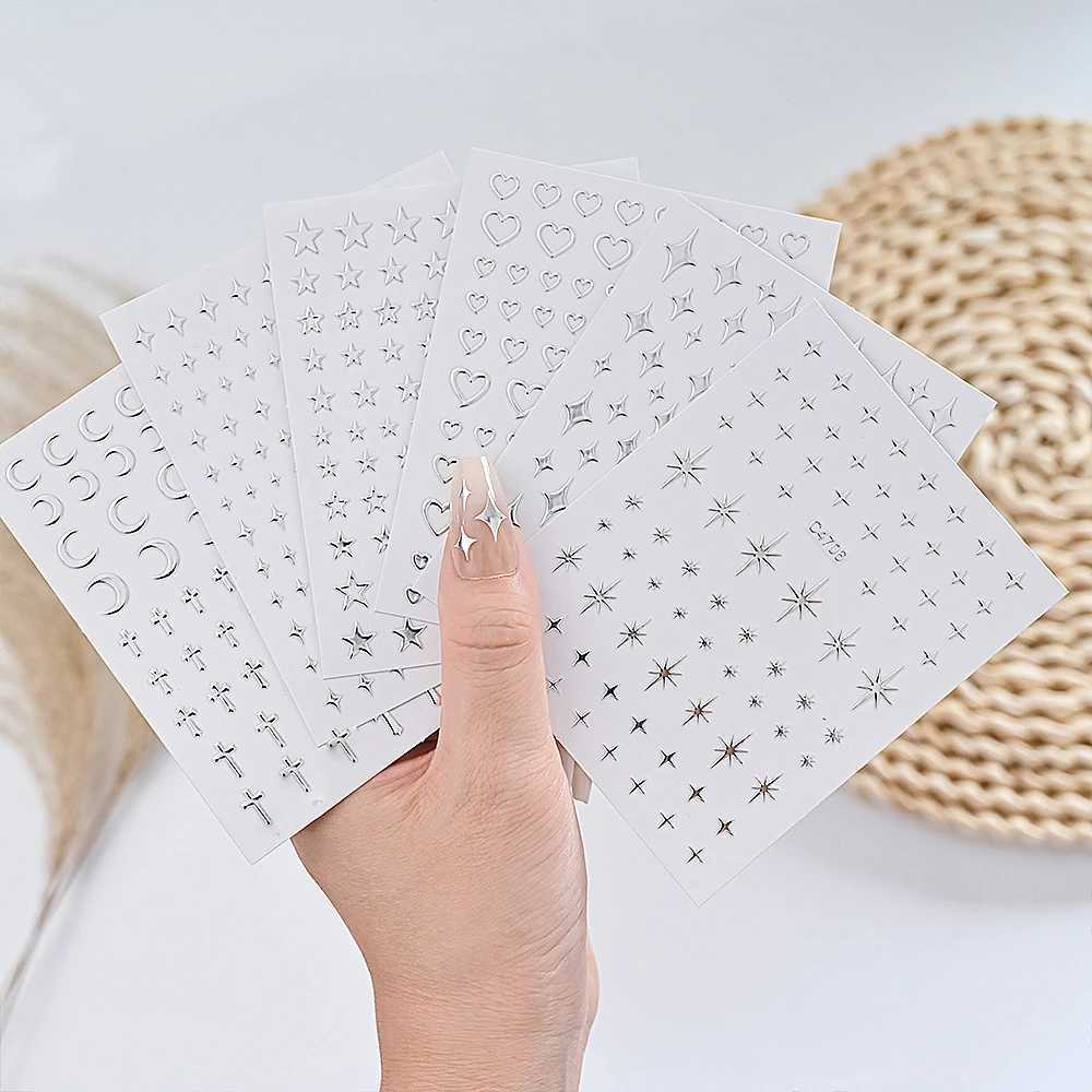 6Pcs/set Metal Mirror Silver Star Nail Art Sticker Bronzing Sun/Moon/Star Nail Decal Self-Adhesive Laser Star Manicure SliderXJ250120