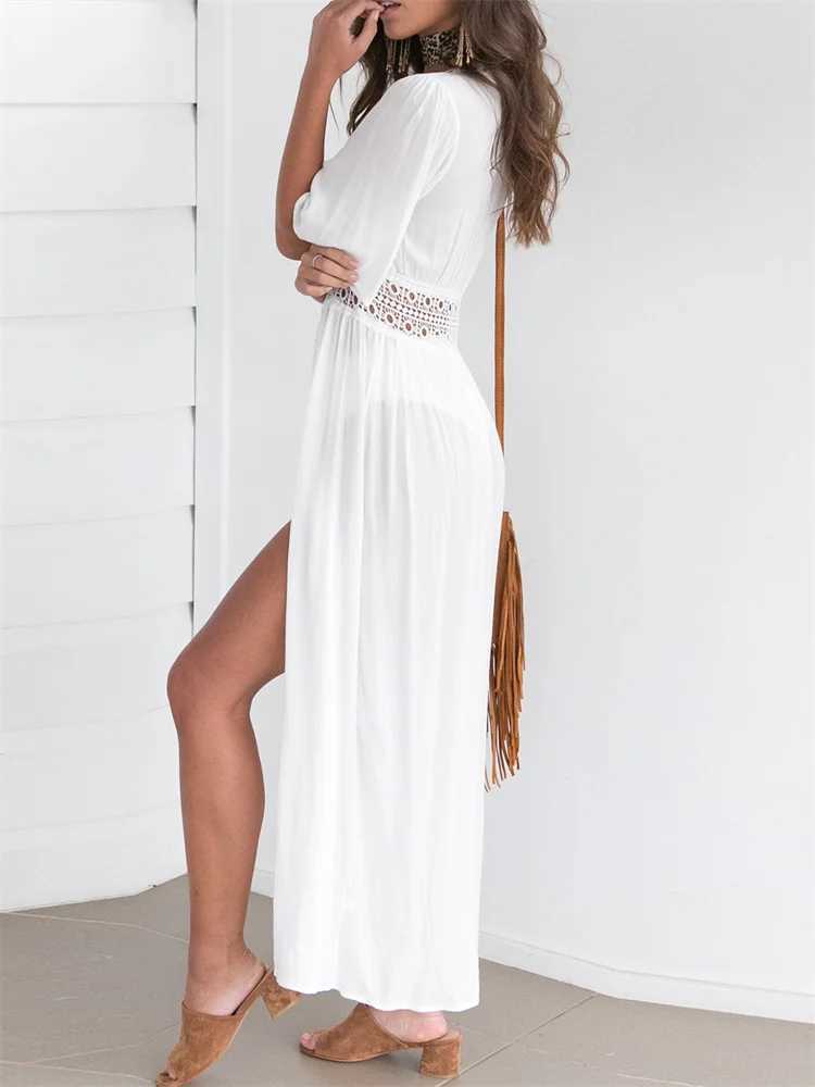 2024 Summer Bikini Cover-ups Women Bohemian Beach Long Dr Short Sleeve Lace Hollow Out Cardigan Swimwear Cover Ups Beachwear W250120
