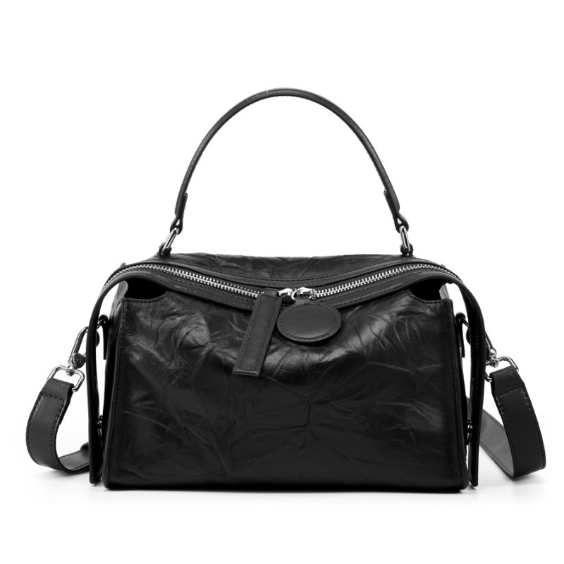 Bag Autumn And Winter New High-End Boston Light Luxury First Layer Pleated Cowhide Leather Women's Bag, Clutch Pattern Pillow Bag