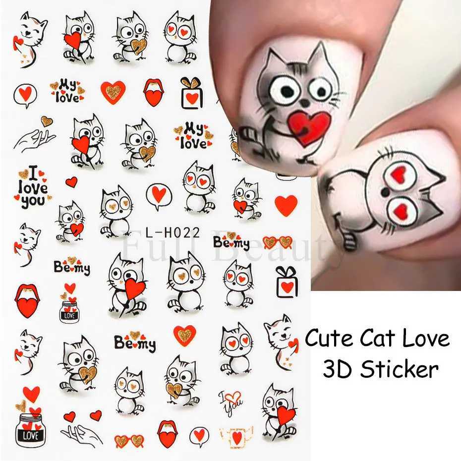 Cartoon Cat Love Nail Stickers 3D Valentine Adhesive Nail Decals Decorations Spring Leaves Birds Flowers Manicure Foils SuppliesXJ250120
