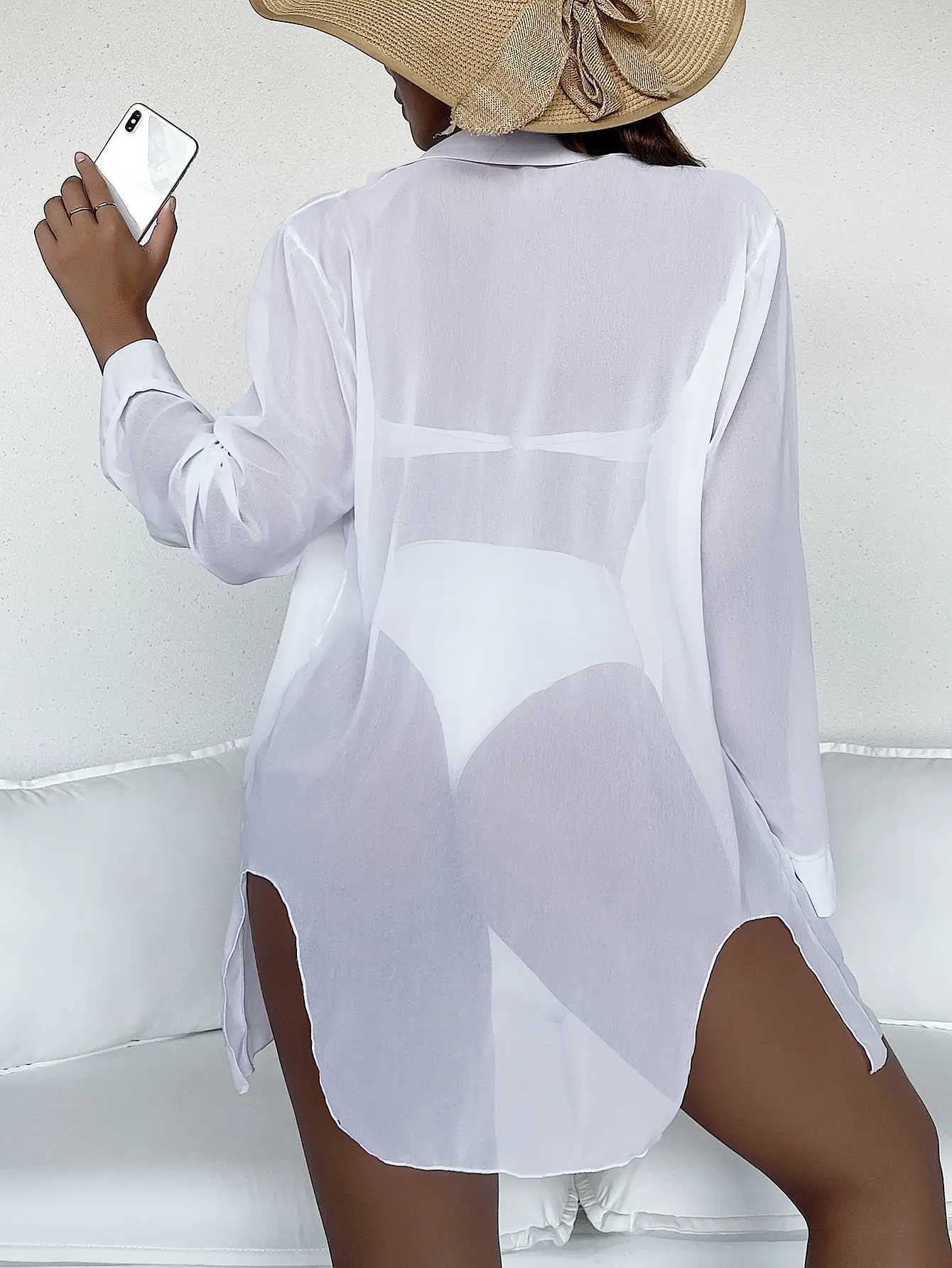 Plain Open Front Kimono Beach Cover Up Women Long Sleeve Tunic Dr 2024 Swimsuit Swimwear Bathing Suit W250120