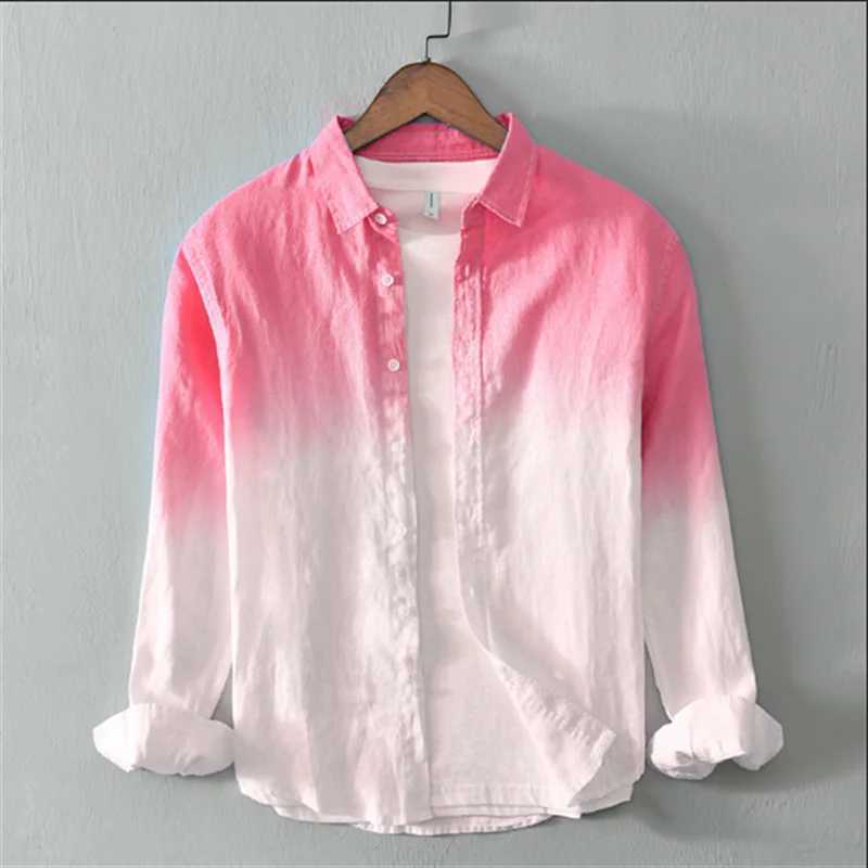Fashion shirts 100% linen fabric gradient pink blue gray new series of men and women matching colors casual and comfortableXJ250121