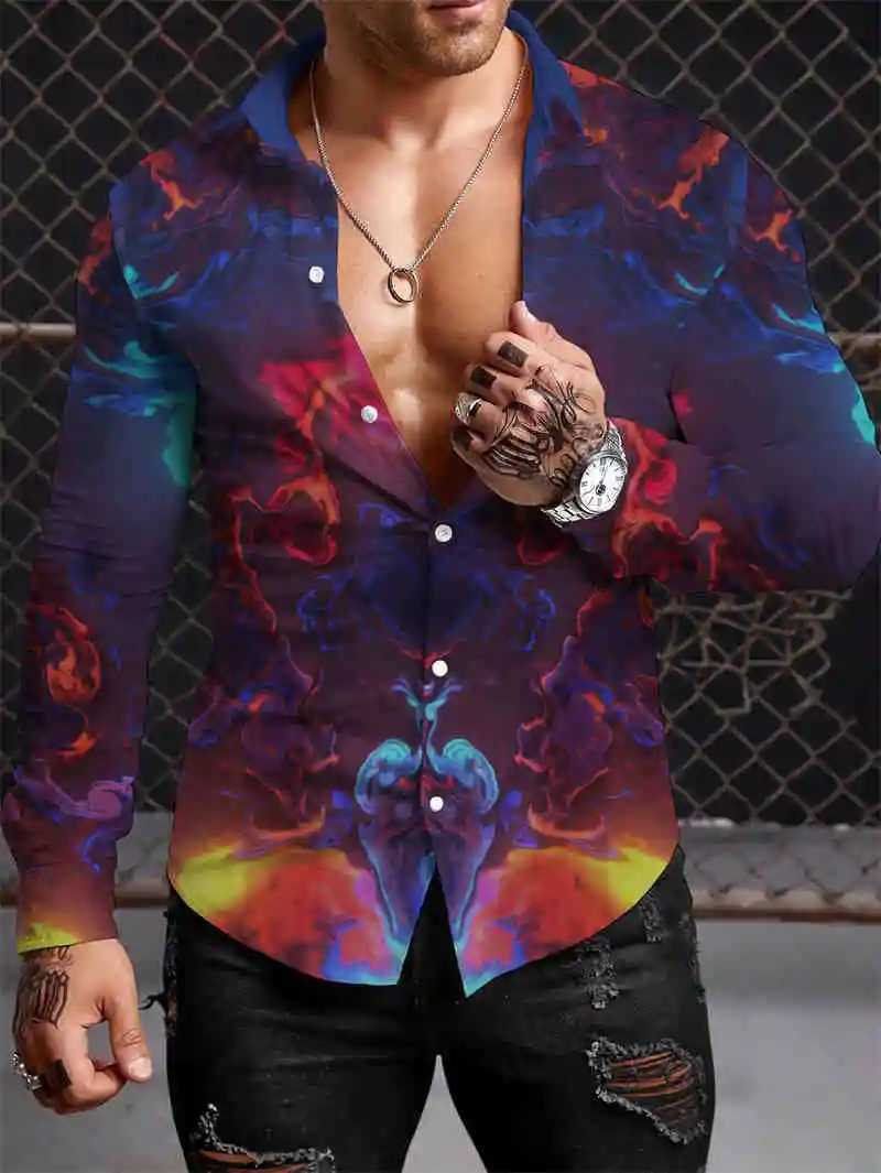 2023 Summer Y2K Men Shirt Fashion 3D Printing Shirts Pattern Casual Oversized Long-sleeved Shirt Fitting Tops ClothingXJ250121