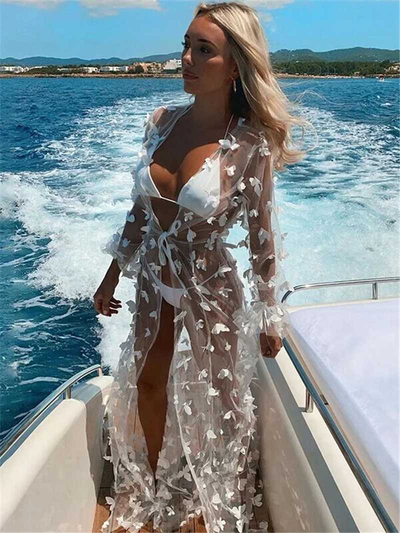 Womens long swimsuit covering sexy open 3D flowing kimono with open collar summer holiday beach clothing swimsuit W250120